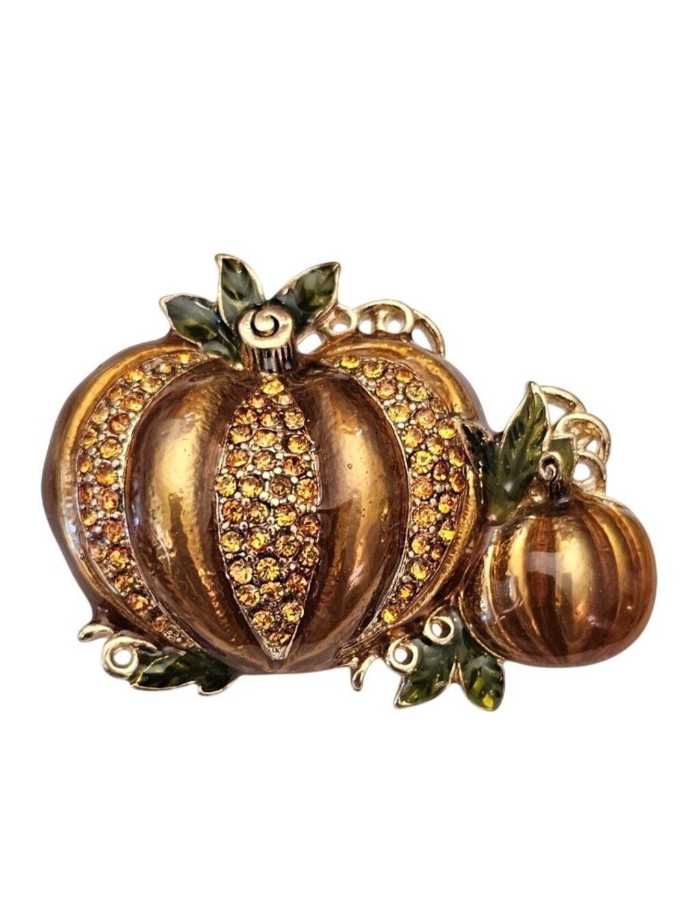 Napier Enamel Rhinestone Pumpkin Brooch Orange Green Pin Signed, J880